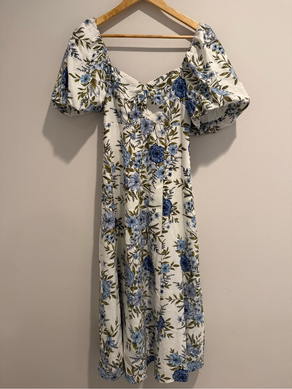 Anthropologie Avec Les Filles Blue Floral Puff Sleeve Midi Dress Preppy 4 NWT